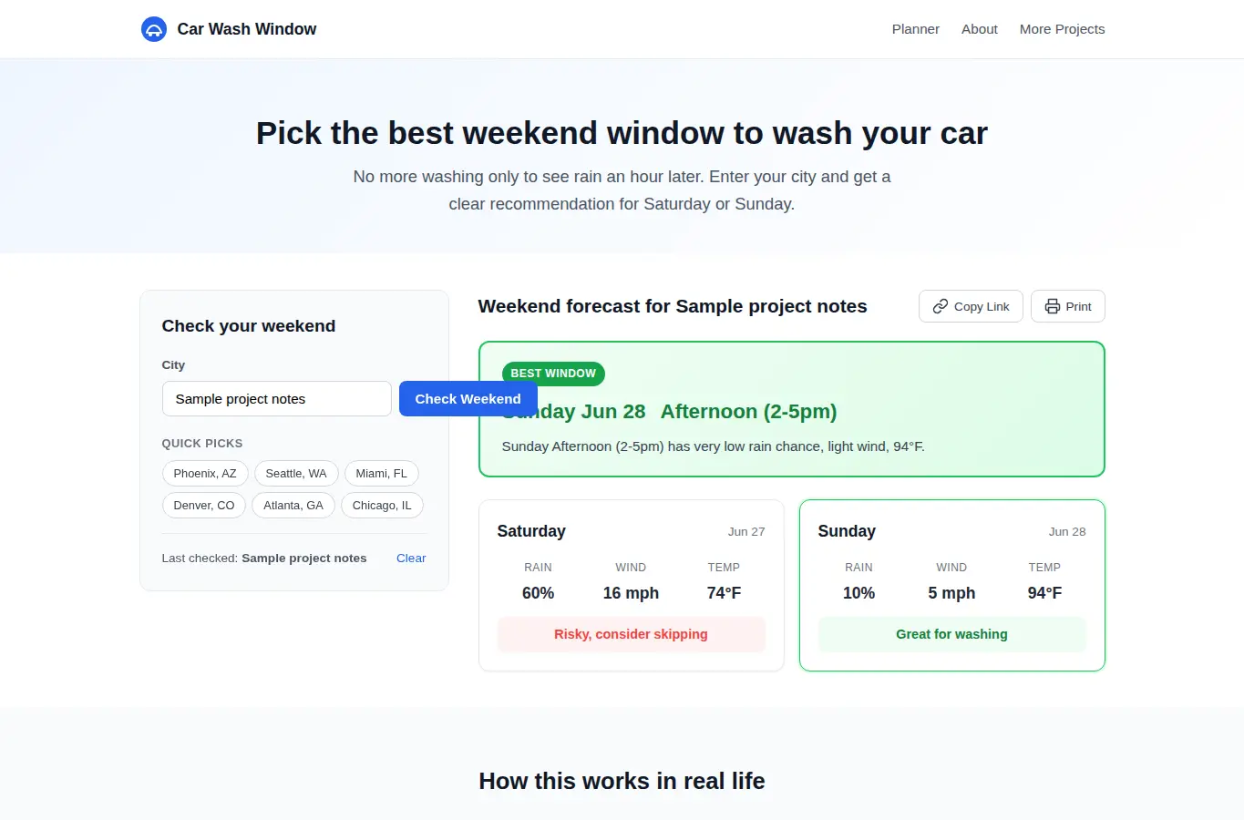 Screenshot of Weekend Car Wash Weather Window interface showing the project page in use